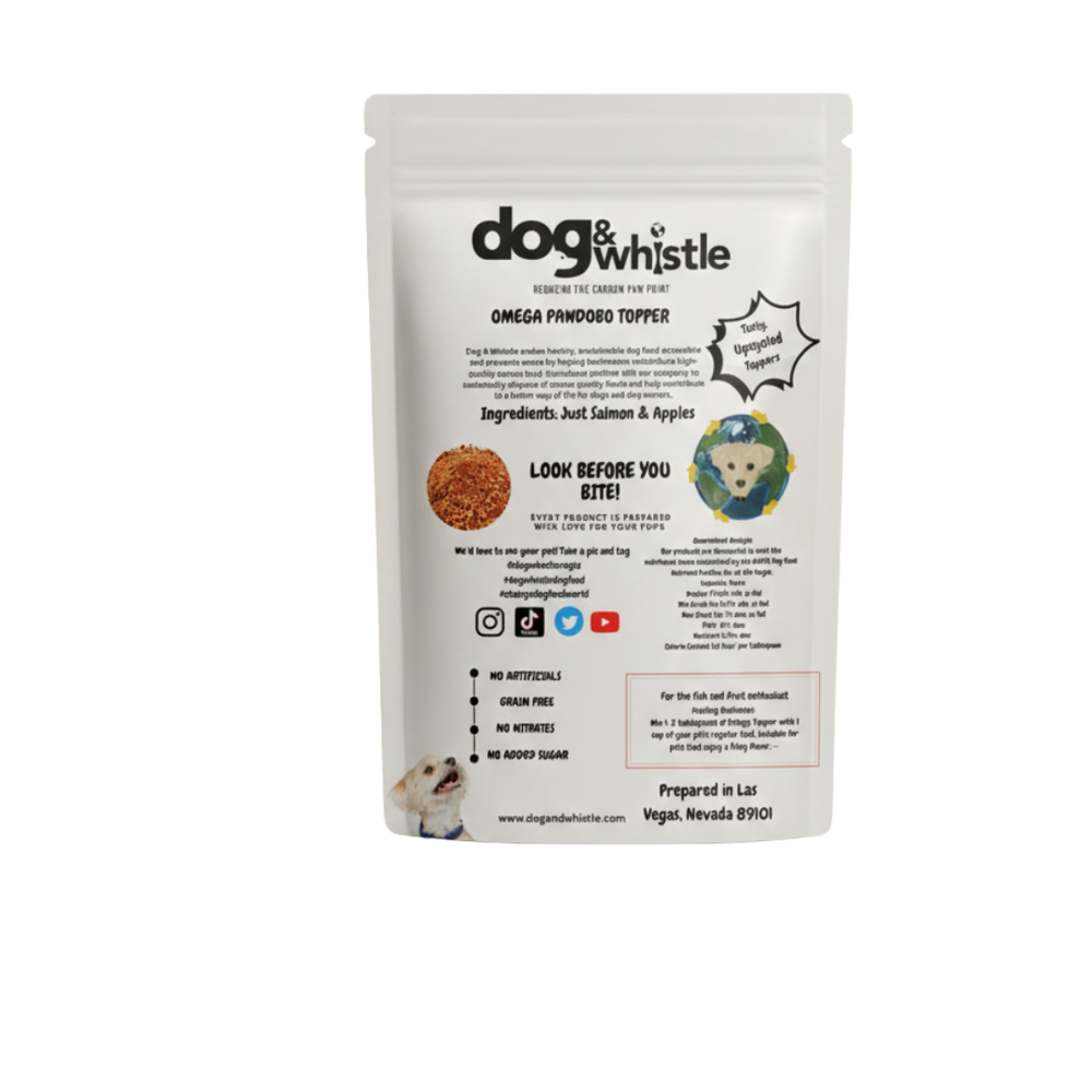 Omega Pawdobo powdered topper showing omega-3 rich ingredients