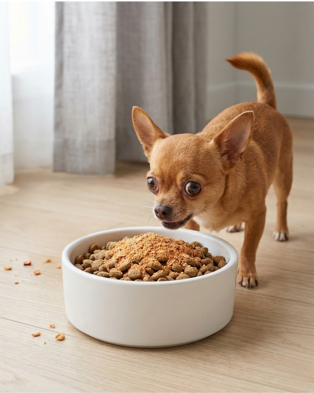Dog receiving Omega Pawdobo powdered meal topper for healthy coat and digestion