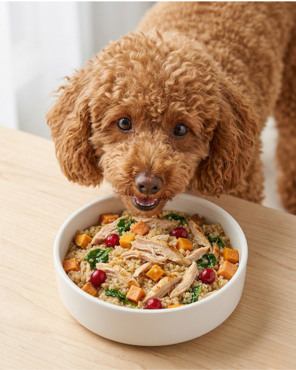 Dog receiving Gobble Till You Wobble meal topper for complete turkey nutrition