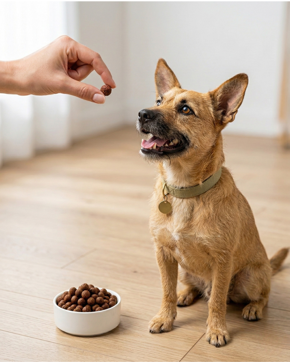 Human grade dog food – Beef & Broccoli lifestyle photo with happy dog – Dog & Whistle Pet Wellness