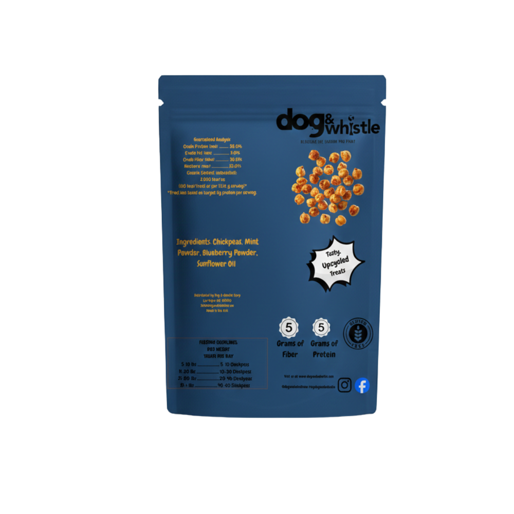 Mint & Blueberry dehydrated dog treats showing whole mint and blueberry ingredients