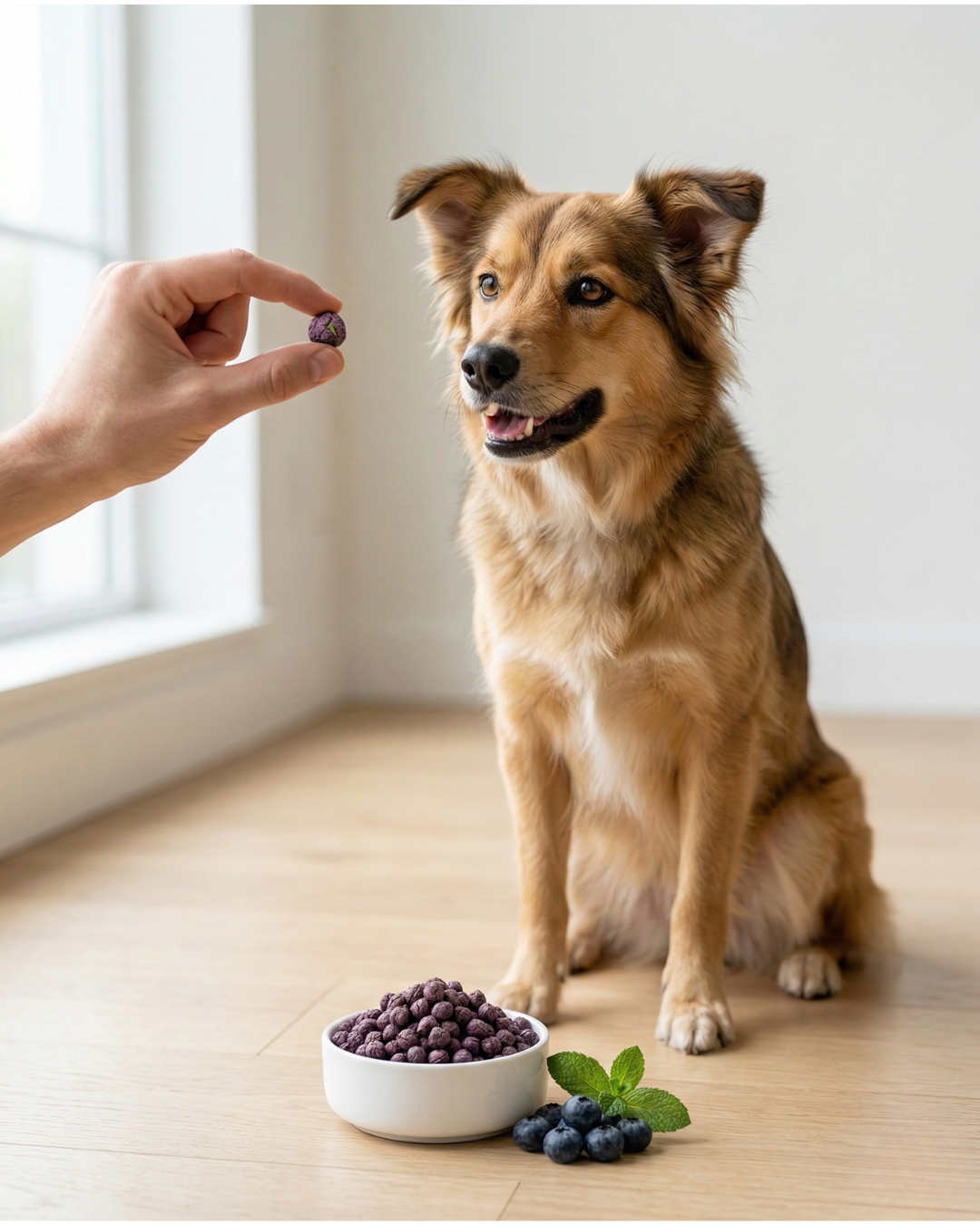 Mint & Blueberry dog treat — size reference with dog paw