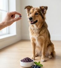 Mint & Blueberry dog treat — size reference with dog paw