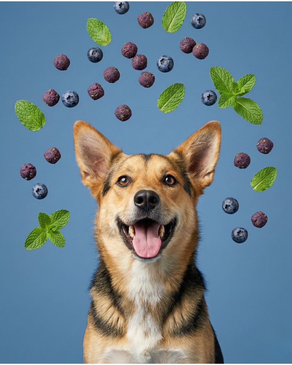 Dog enjoying Mint & Blueberry dehydrated dog treats