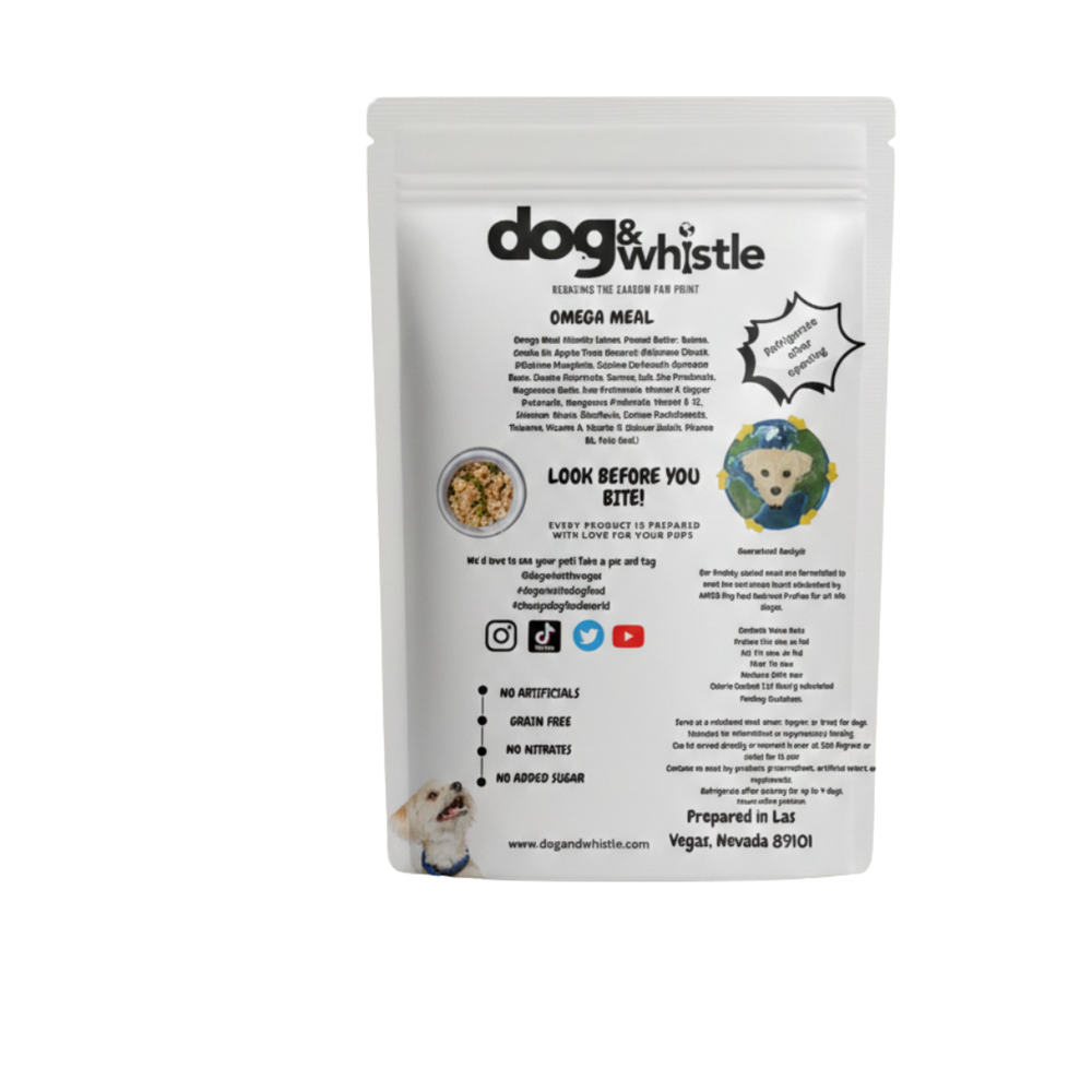 Dog meal toppers – Omega Meal lifestyle photo with happy dog – Dog & Whistle Pet Wellness