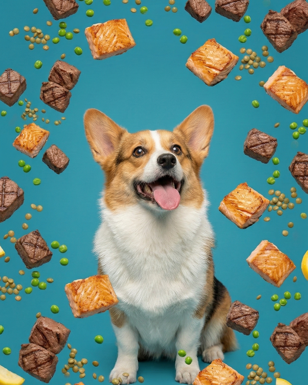 Dog eating Land & Sea Meal topper mixed with kibble