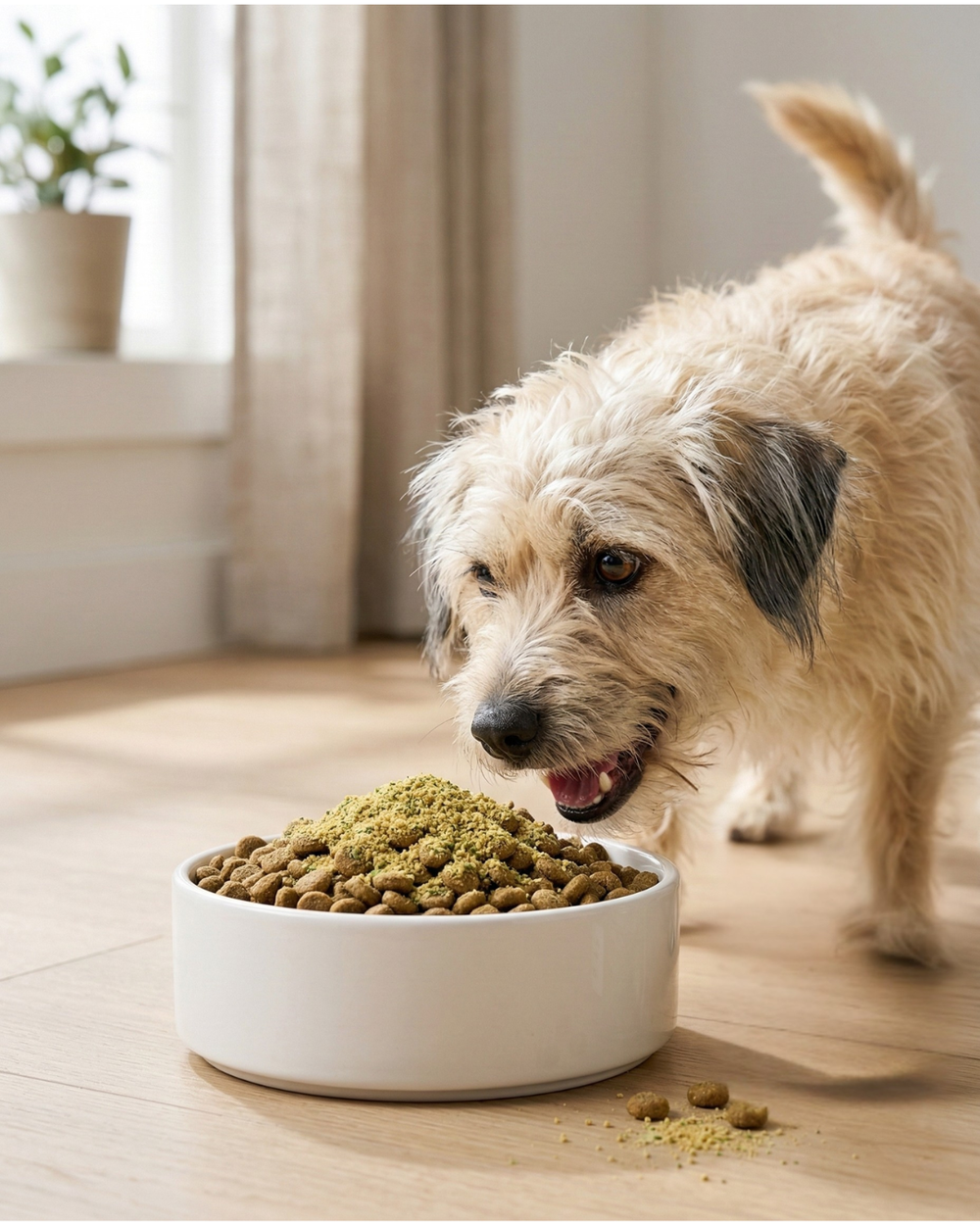 Dog receiving Hen Solo Pawdobo powdered meal topper for balanced nutrition