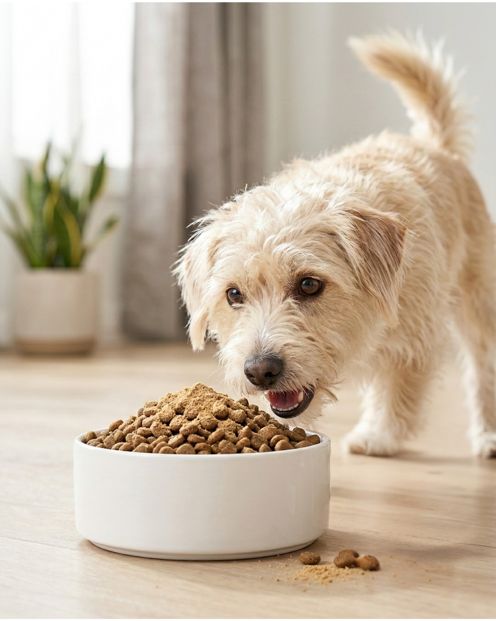 Dog receiving Sirloin Pawdobo powdered meal topper for balanced nutrition