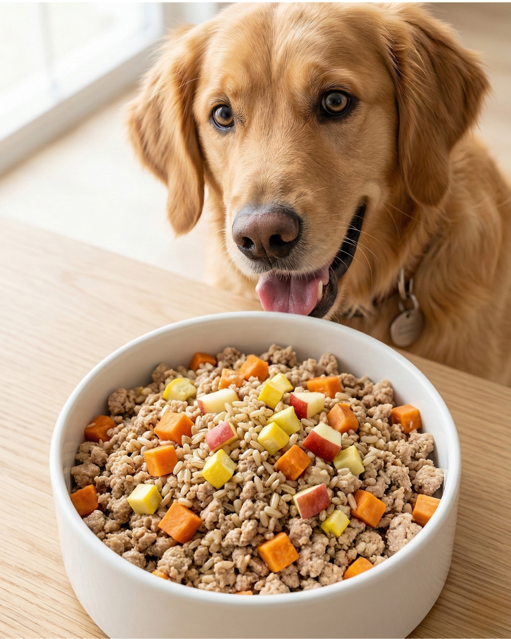 Dog receiving Hen Solo meal topper for complete chicken nutrition
