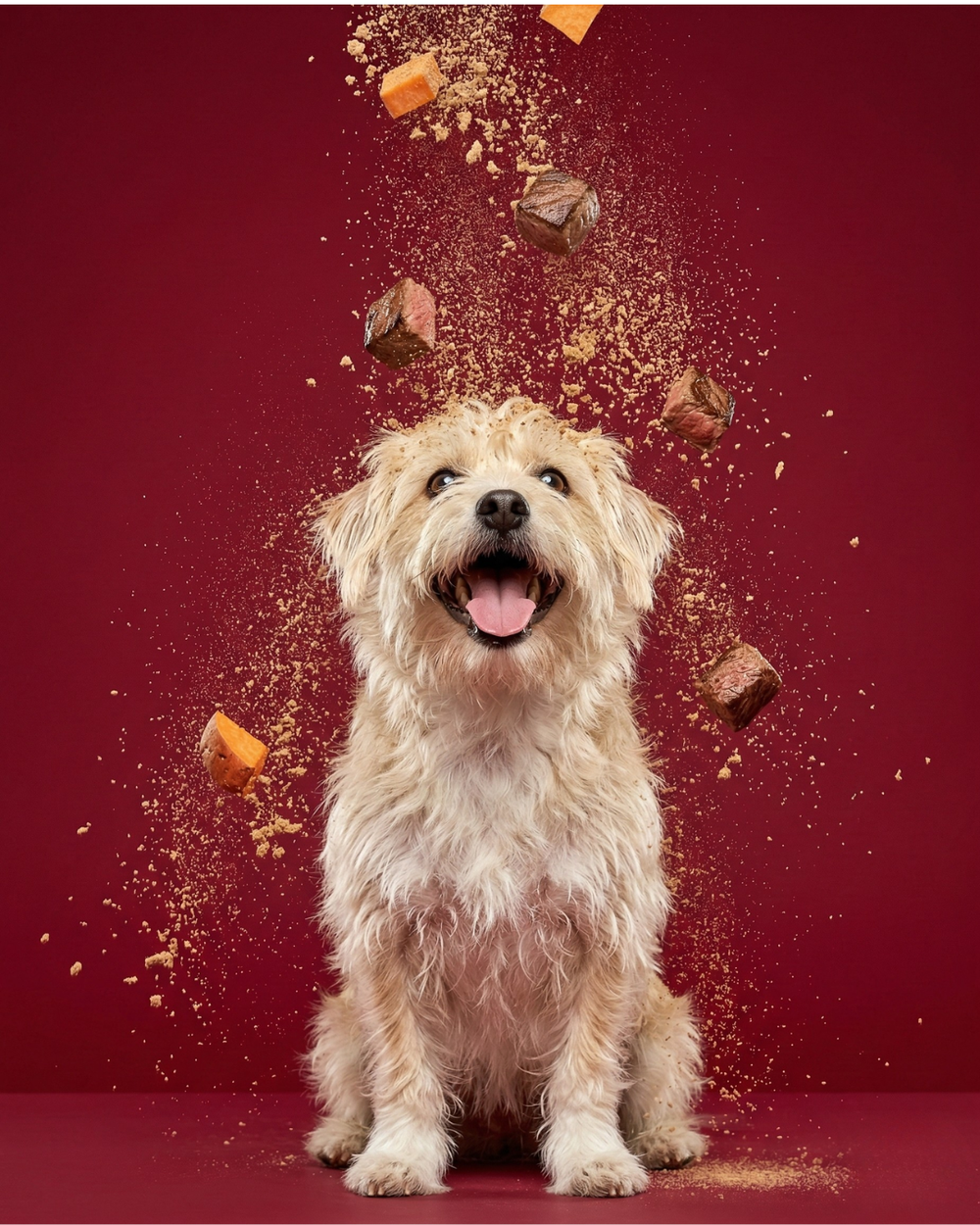 Happy dog enjoying Sirloin Pawdobo meal topper mixed into kibble