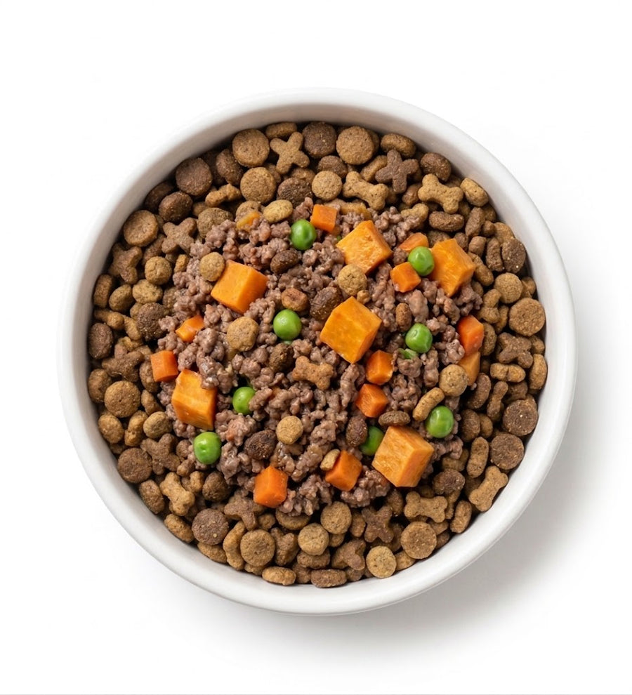 Bowl of kibble topped with a spoonful of Dog & Whistle fresh food