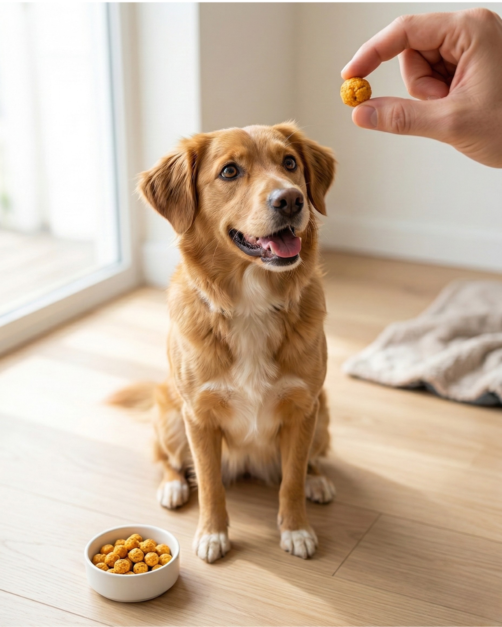 Professional dog trainer using Chicken Cordon Bleu treats for positive reinforcement