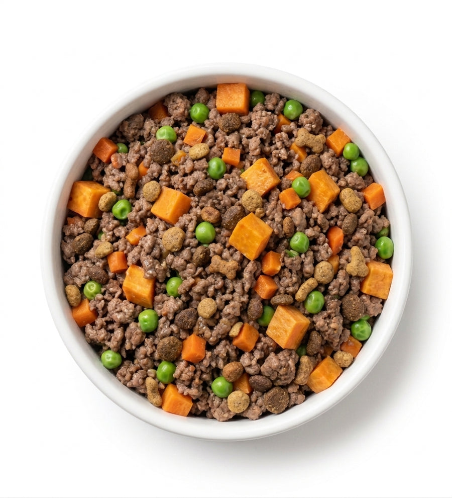 Bowl of dry food thoroughly mixed with Dog & Whistle fresh food