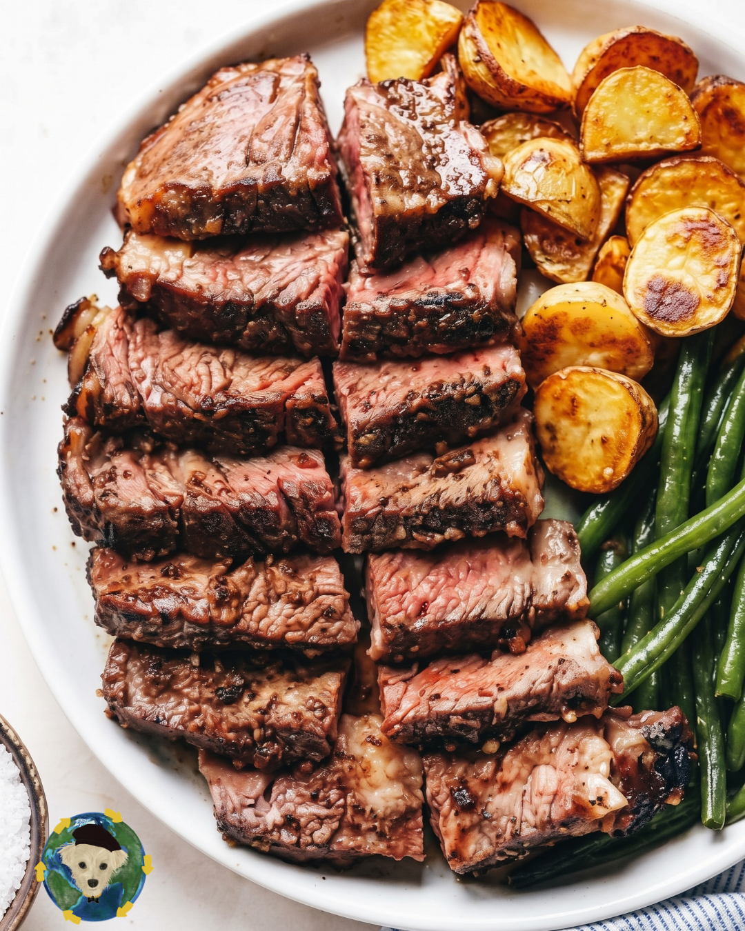 The High Roller Steak Dinner plated with steak, roasted sweet potatoes, and green beans