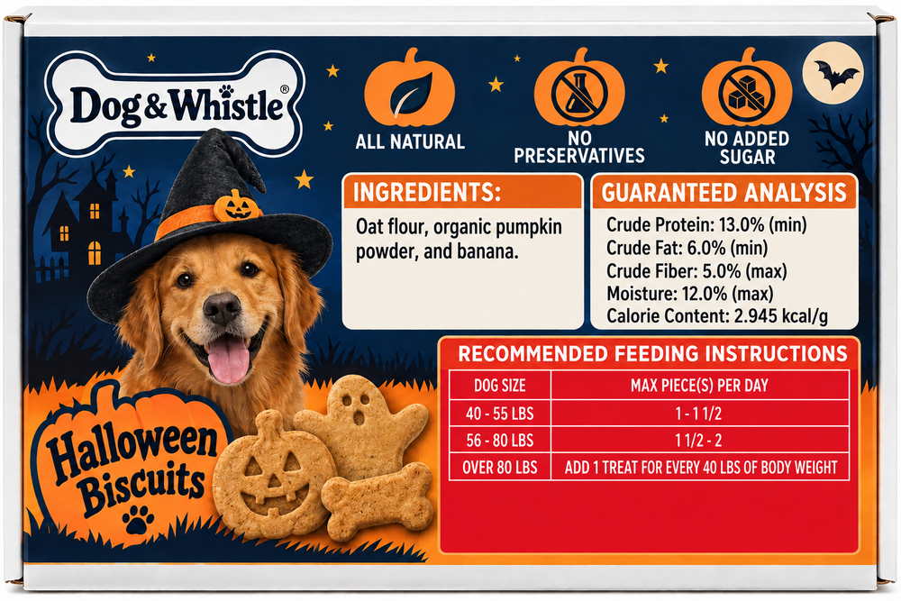 Dog & Whistle Halloween Biscuits box back with ingredients and guaranteed analysis